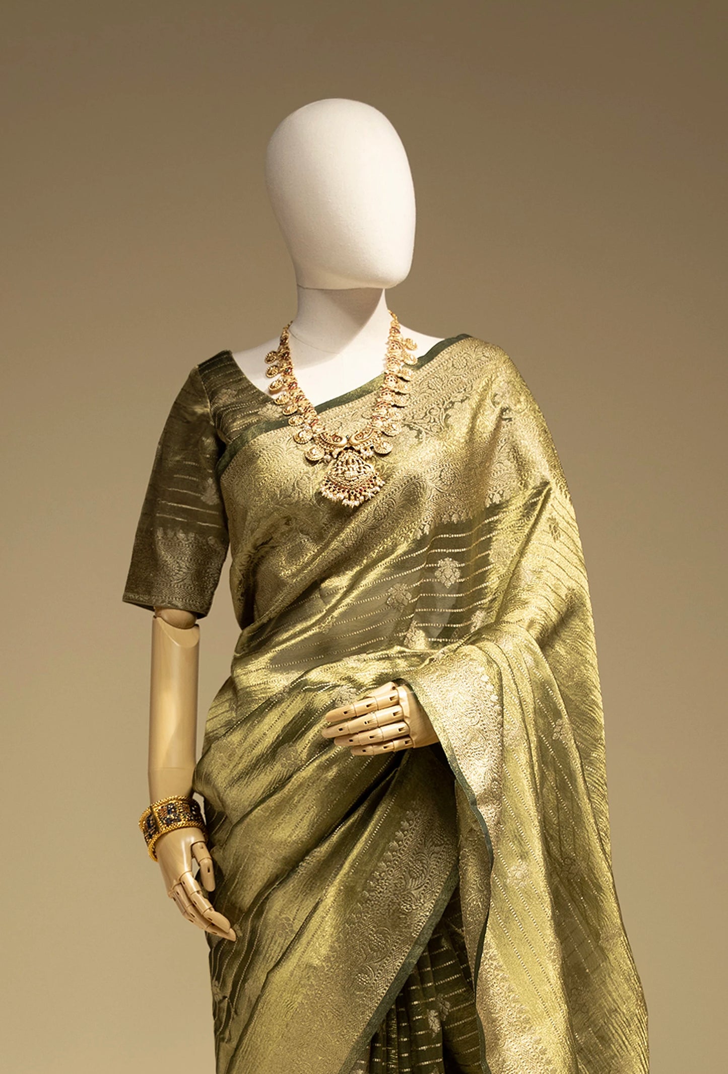 Khadi Tissue Saree In Olive Green With Earthy Appeal