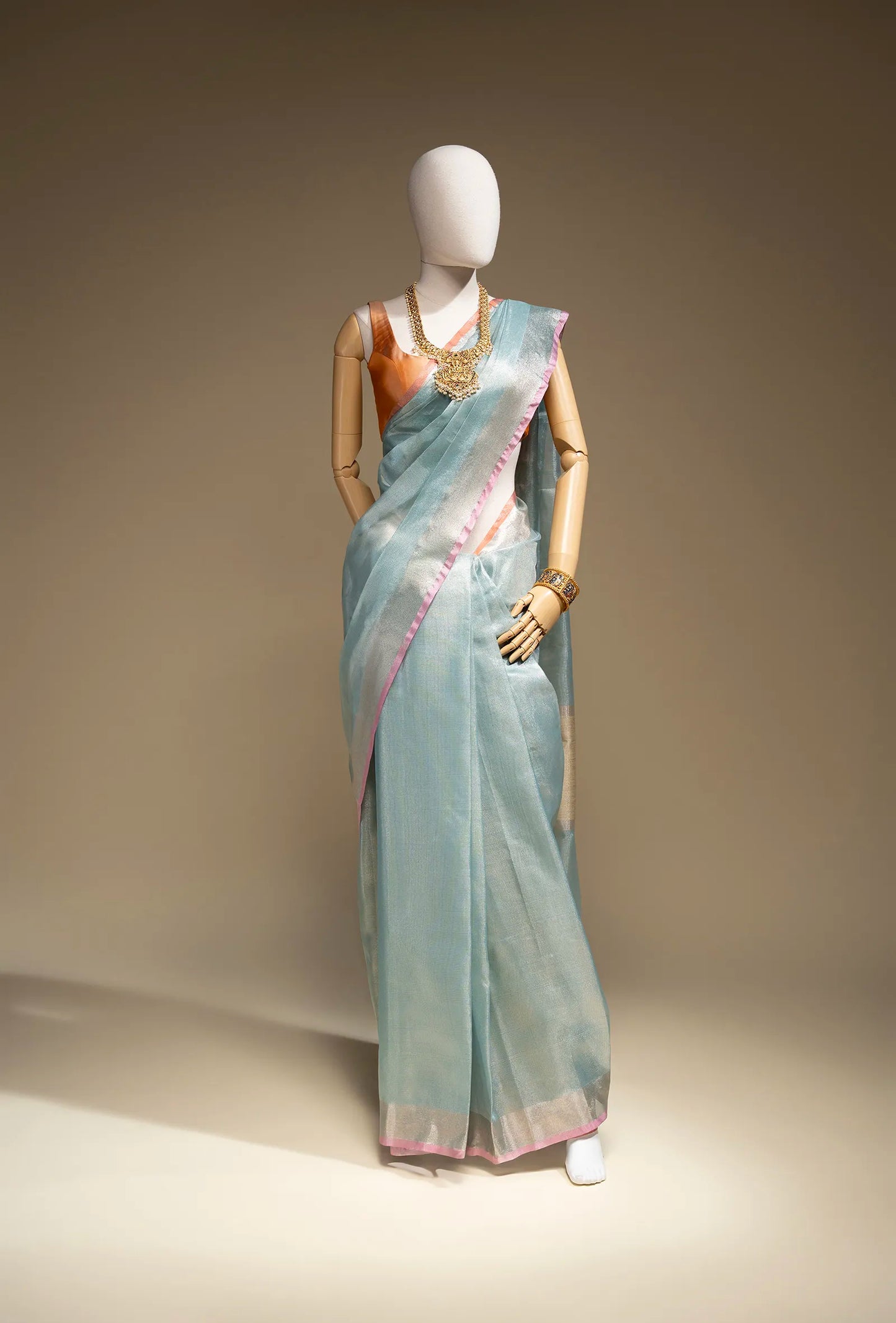 Sky Blue Khadi Tissue Saree With Unstitched Blouse