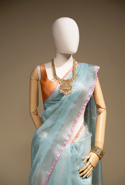 Sky Blue Khadi Tissue Saree With Unstitched Blouse