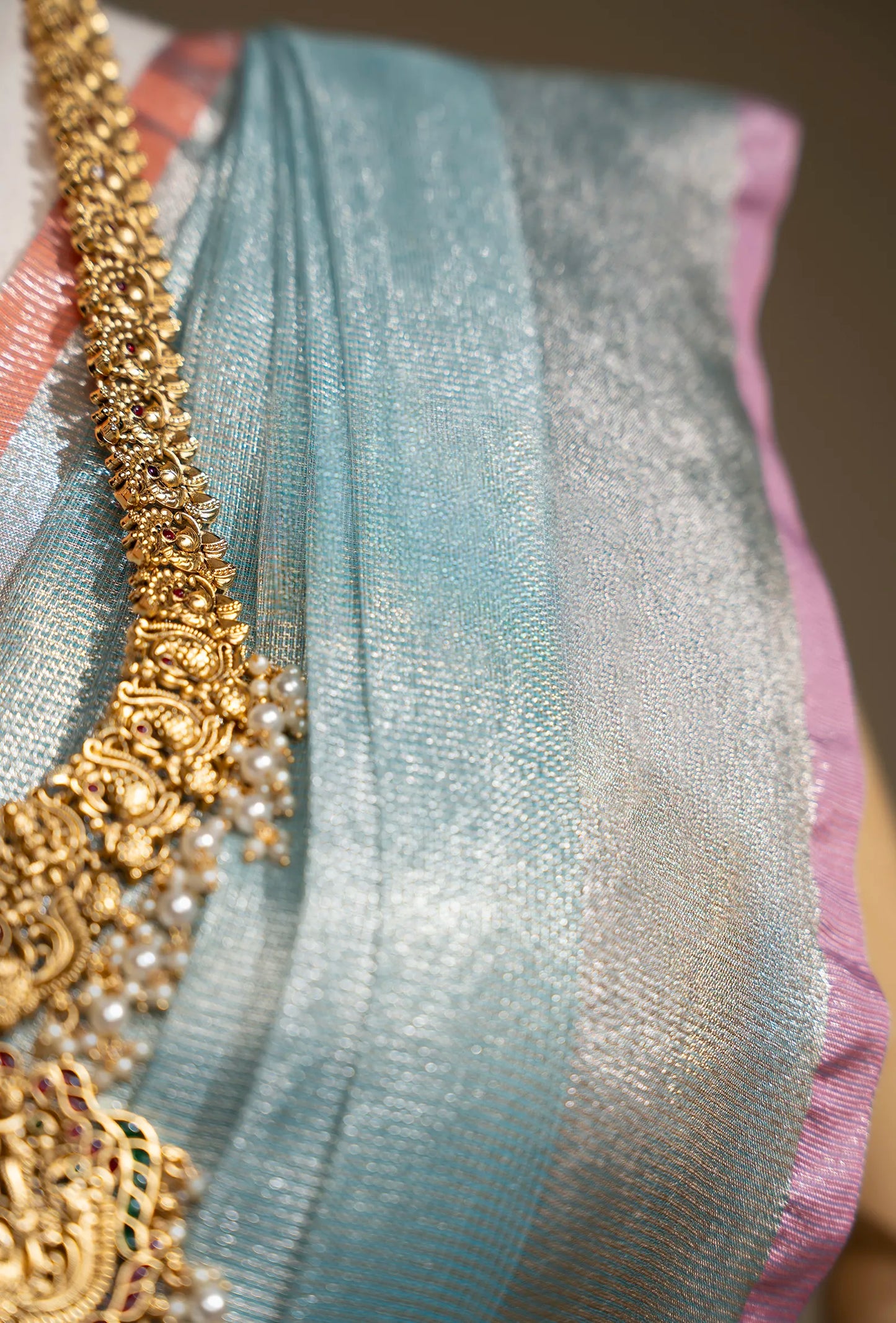 Sky Blue Khadi Tissue Saree With Unstitched Blouse