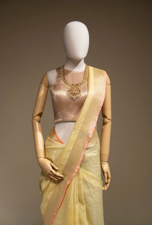 Lime Yellow Khadi Tissue Saree With Unstitched Blouse