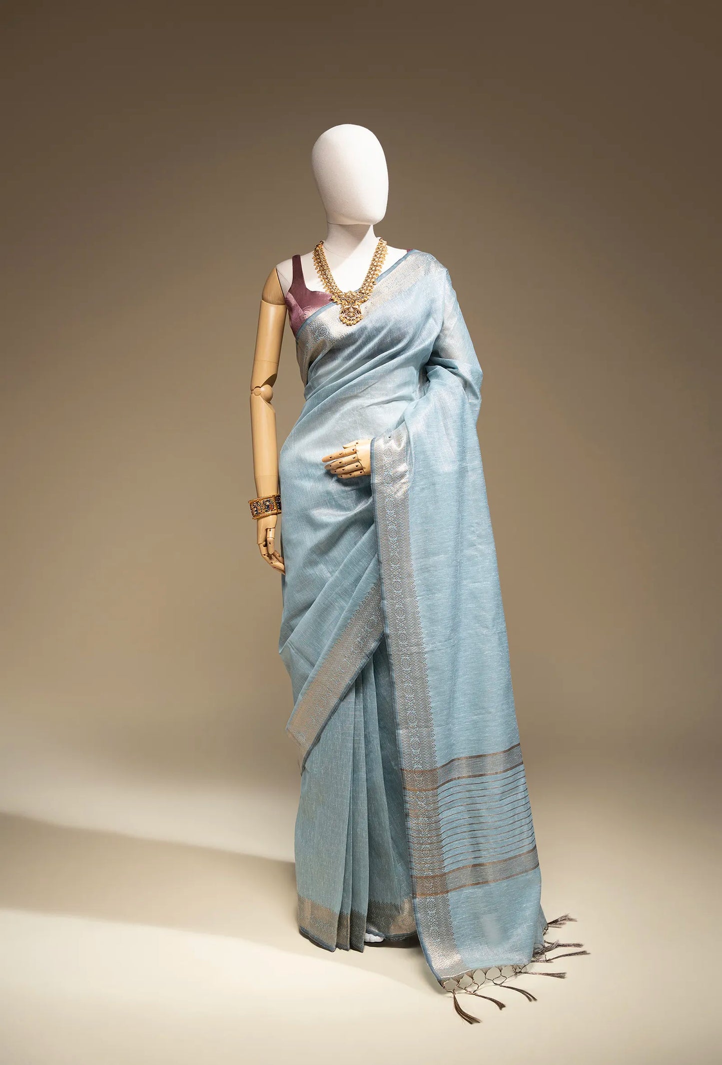 Dusty Blue Khadi Tissue Saree With Unstitched Blouse