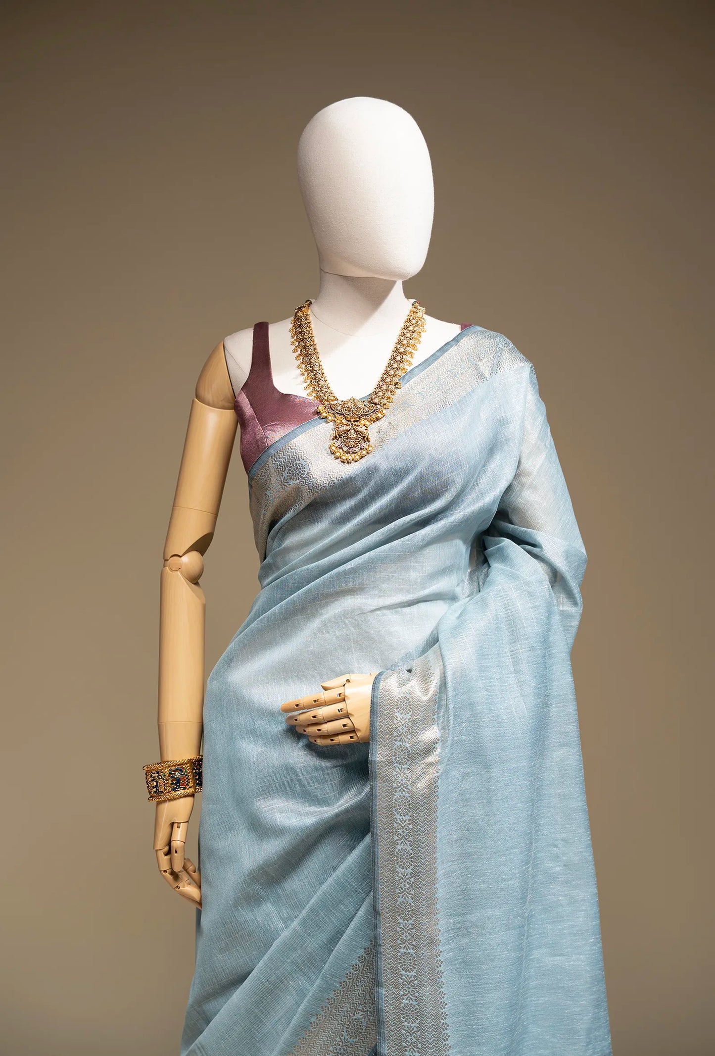 Dusty Blue Khadi Tissue Saree With Unstitched Blouse