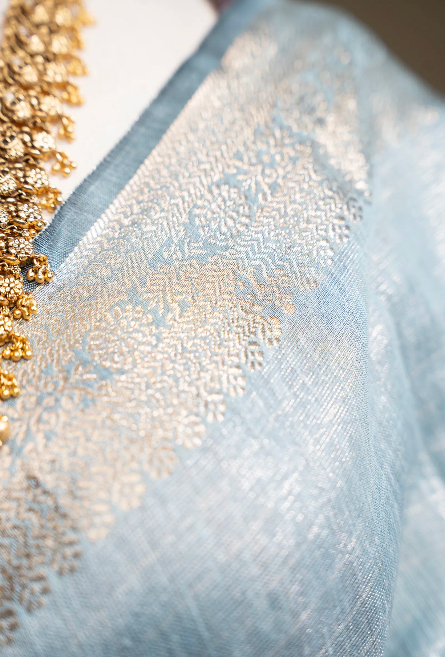 Dusty Blue Khadi Tissue Saree With Unstitched Blouse