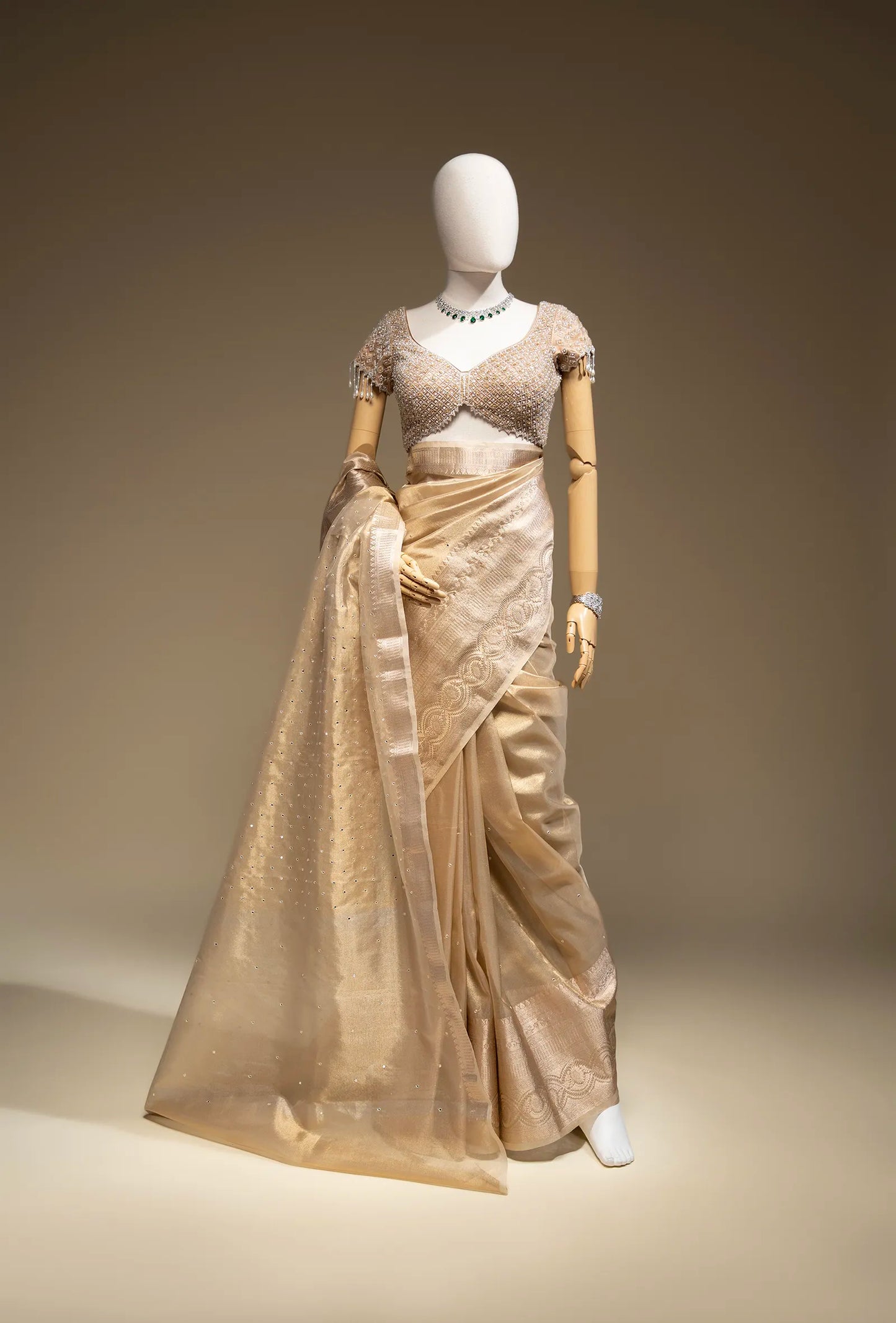 Golden Tissue Silk Mirror Work Saree With Unstitched Blouse