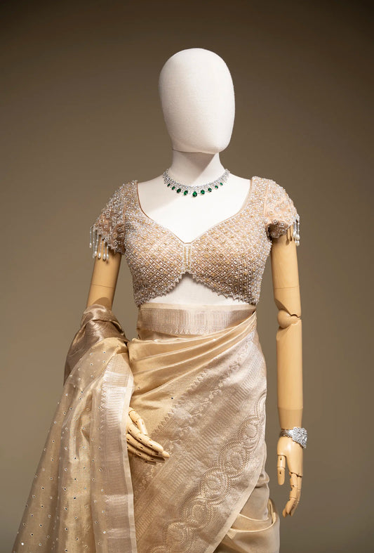 Golden Tissue Silk Mirror Work Saree With Unstitched Blouse