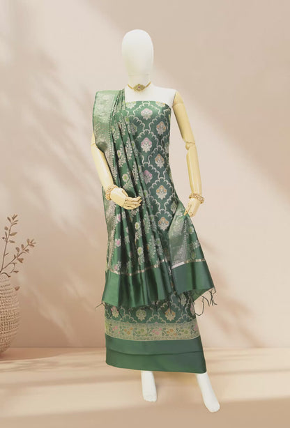 Bottle Green Banarasi Silk 3-Piece Suit Set – Kurta, Pant & Dupatta