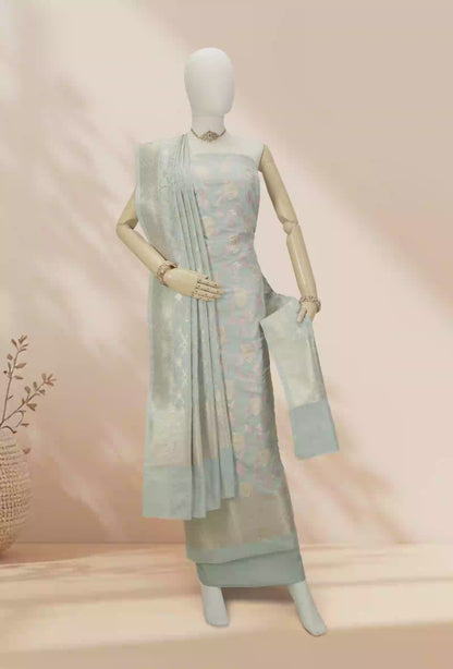 Powder Blue Chanderi Silk Kurta Set With Dupatta & Pants