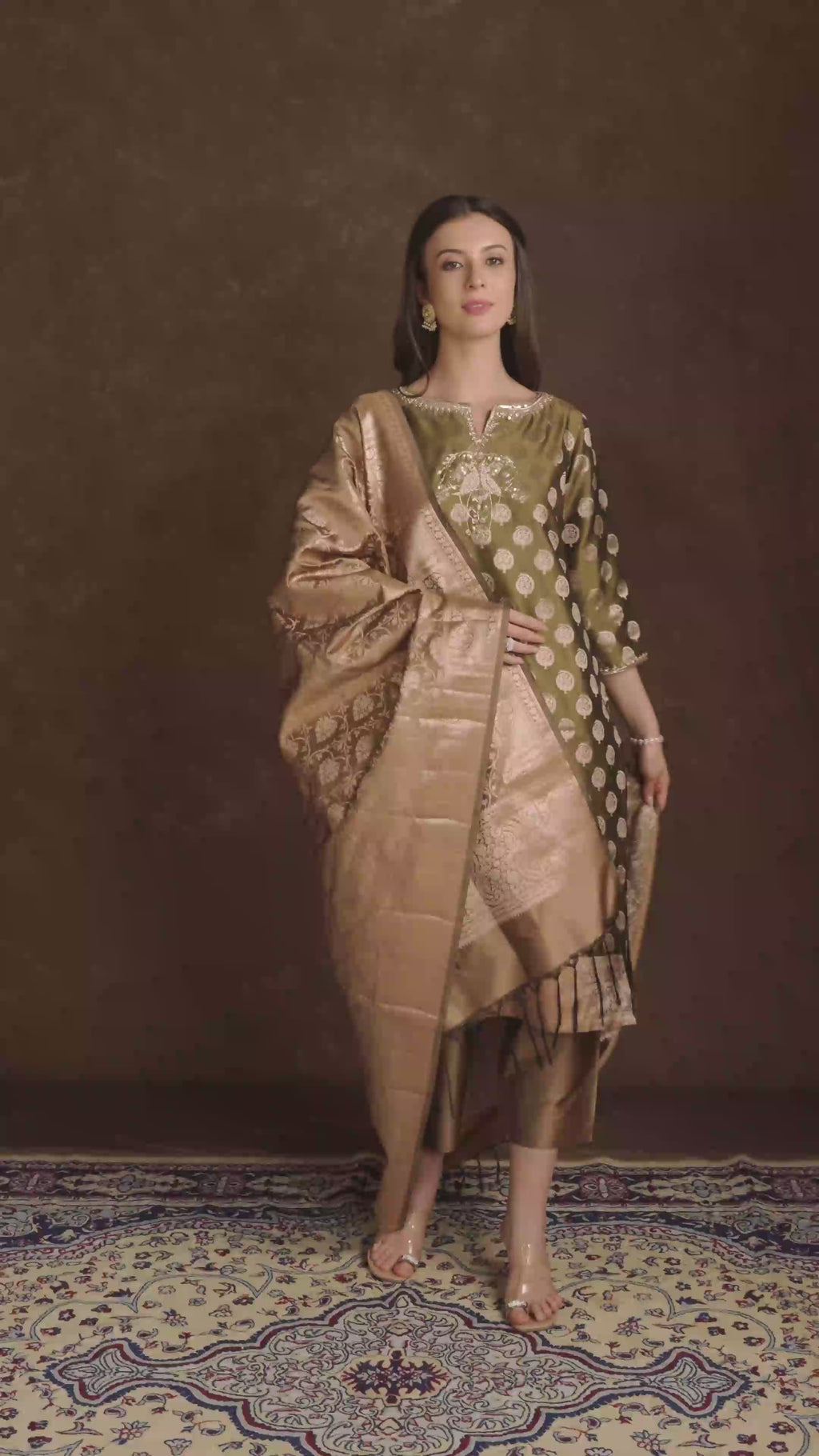 Olive Green Zari Motif Jewel Neck Kurta Set