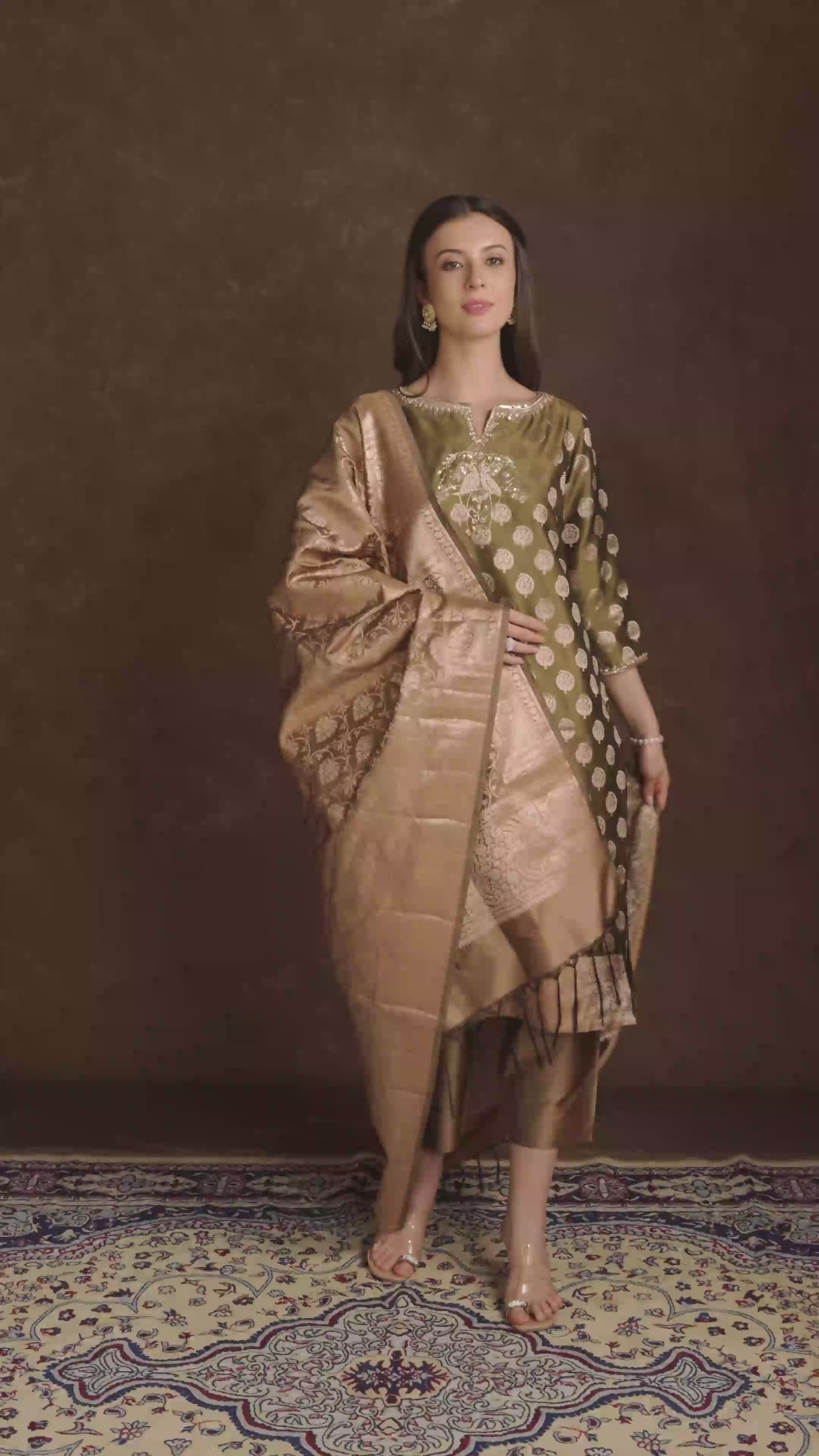 Olive Green Zari Motif Jewel Neck Kurta Set