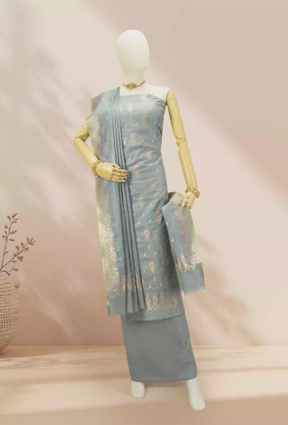 Grey Chanderi Kurta Set With Cotton Silk Pants & Dupatta