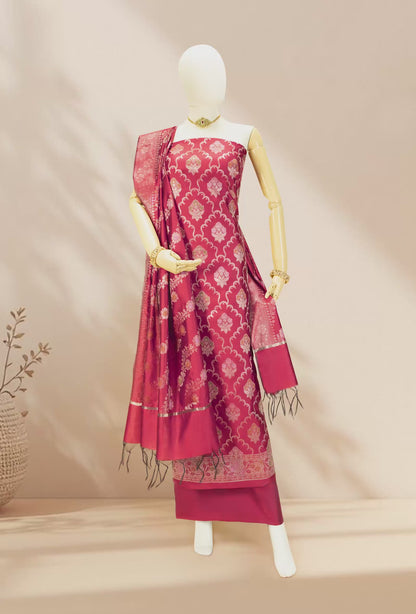 Red Banarasi Silk 3-Piece Suit – Kurta, Pant & Dupatta