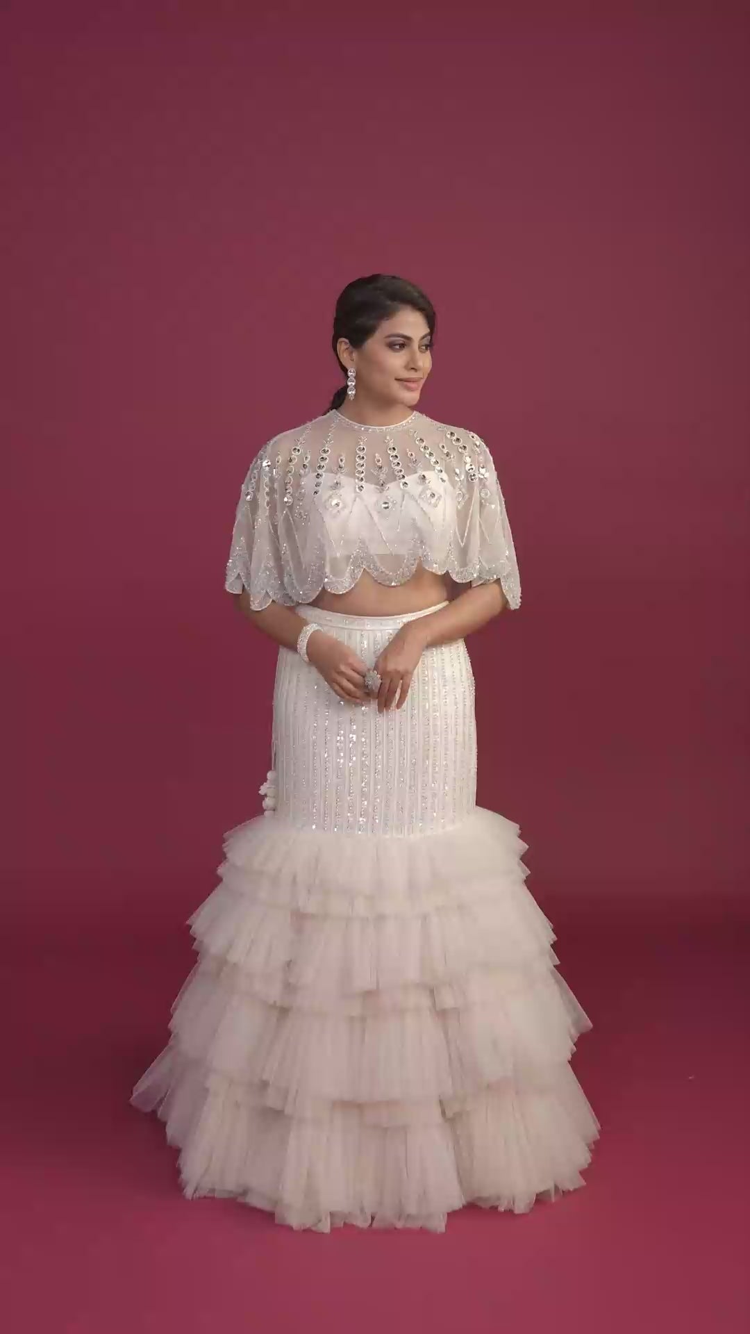 Elora White Fishcut Ruffled Lehenga with Crystal Cape