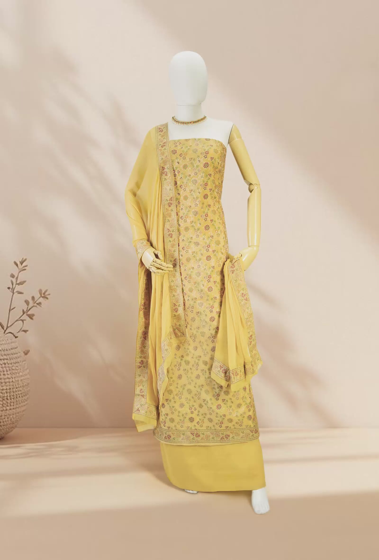 Mustard Yellow Chanderi Printed 3-Piece Suit for Women with Cotton Pant & Chiffon Dupatta