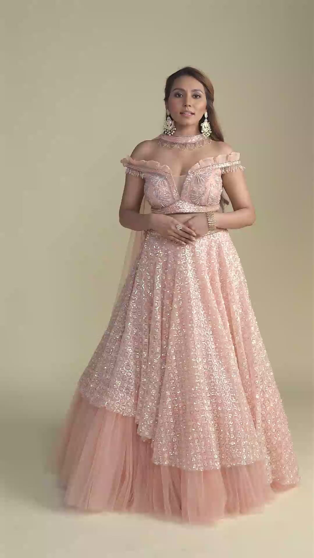 Dewdrop Romantic Pink Sequined Lehenga with Off Shoulder Sleeves