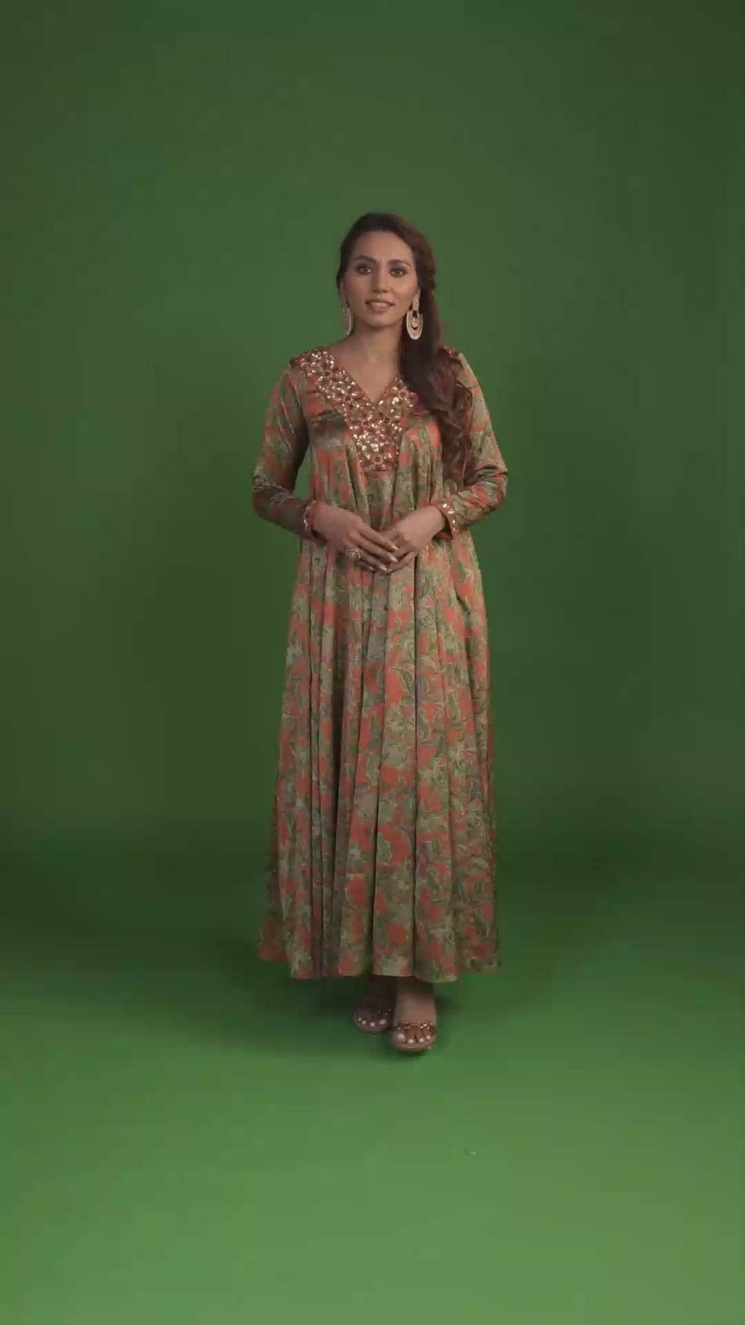 Orange Floral Anarkali Dress