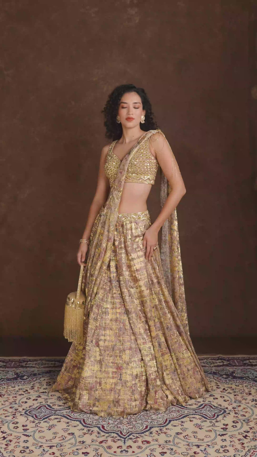 Clover Marble Effect Lilac and Golden Choli and Attached Dupatta Lehenga Set