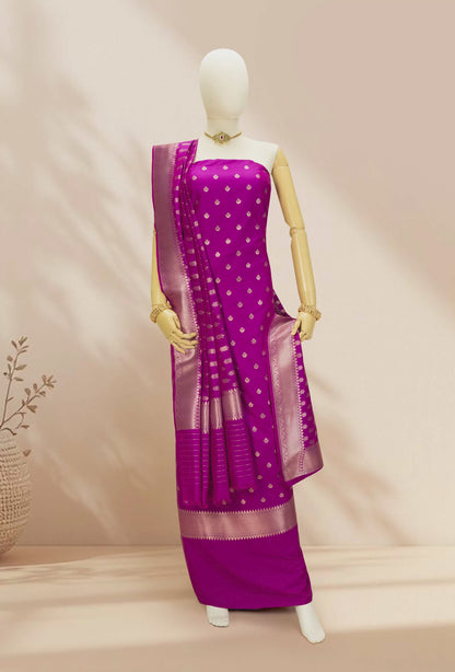Magenta Pink Banarasi Silk 3-Piece Suit Set– Kurta, Pure Silk Pant & Dupatta