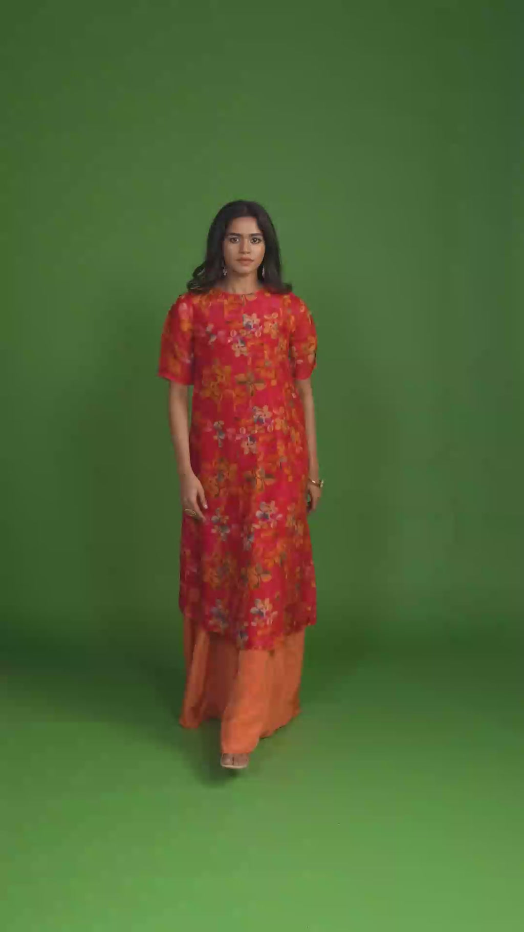 Coral Red & Orange Floral Print Kurta Set