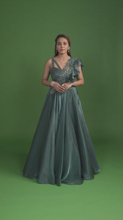 Nisarg Deep Teal Cocktail Lehenga with Attached Dupatta Set