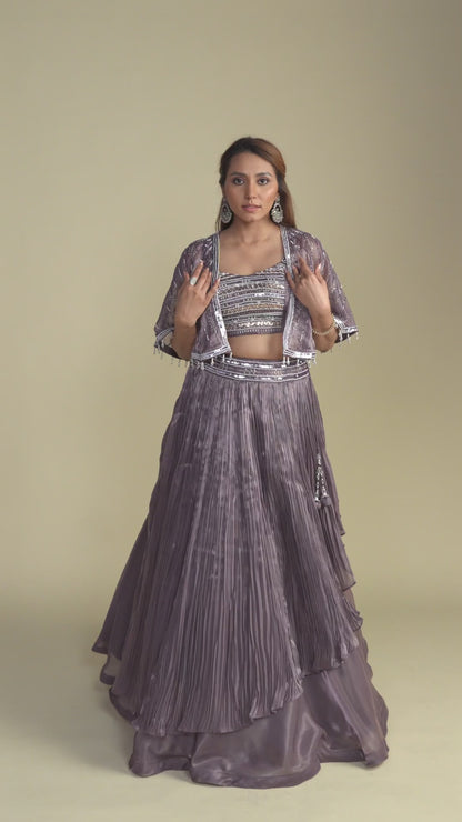 Tessa Dark Lilac Satin Organza Lehenga Set