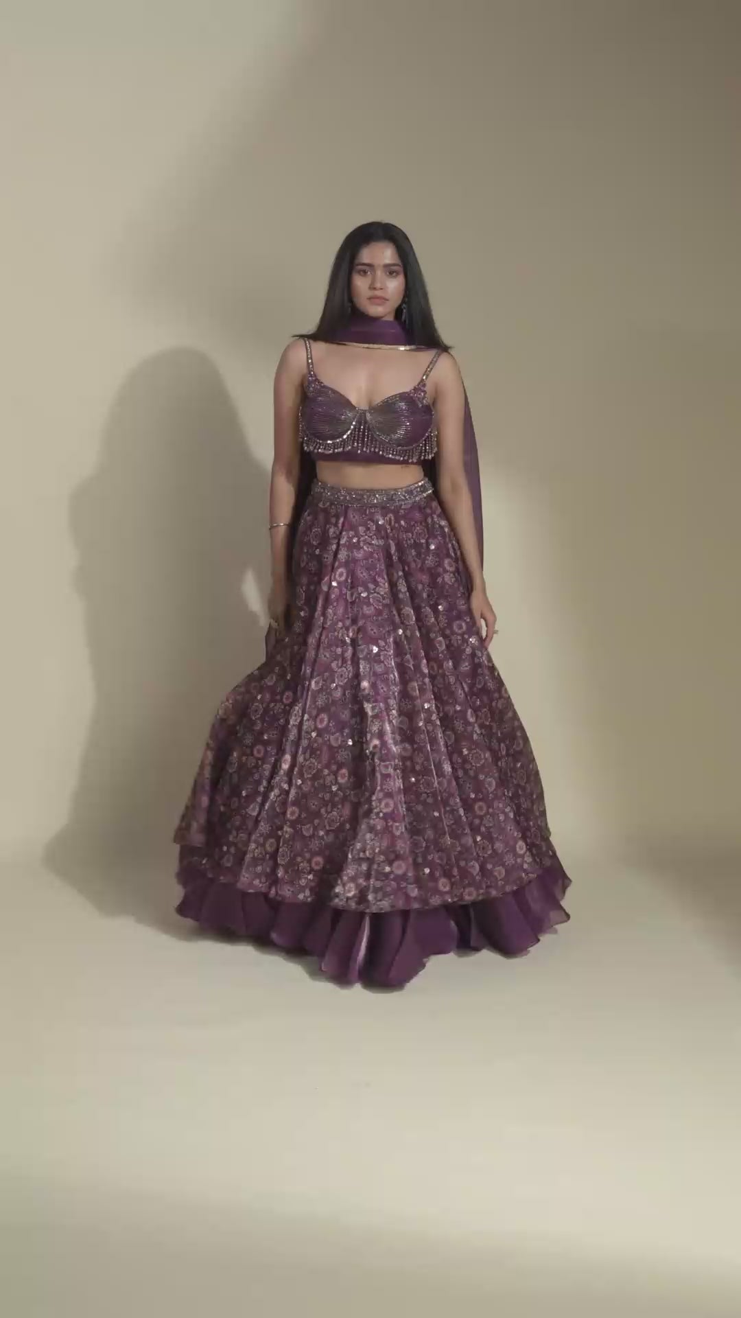 Elixir Wine Berry Glass Organza With Crystal Tassled Blouse Lehenga Set