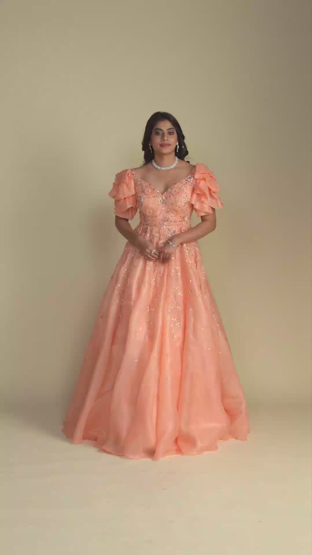 Fiona Coral Short Ruffle Sleeves Gown