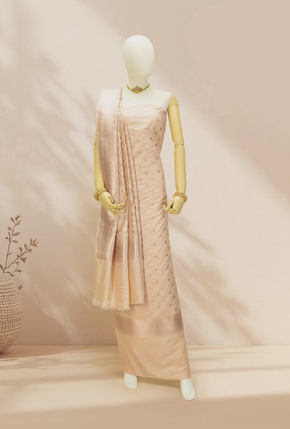 Beige Banarasi Silk Suit Set – Kurta, Pure Silk Pant & Dupatta