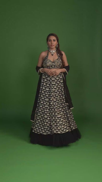 Zariya Black Zardozi Scalloped Lehenga Set