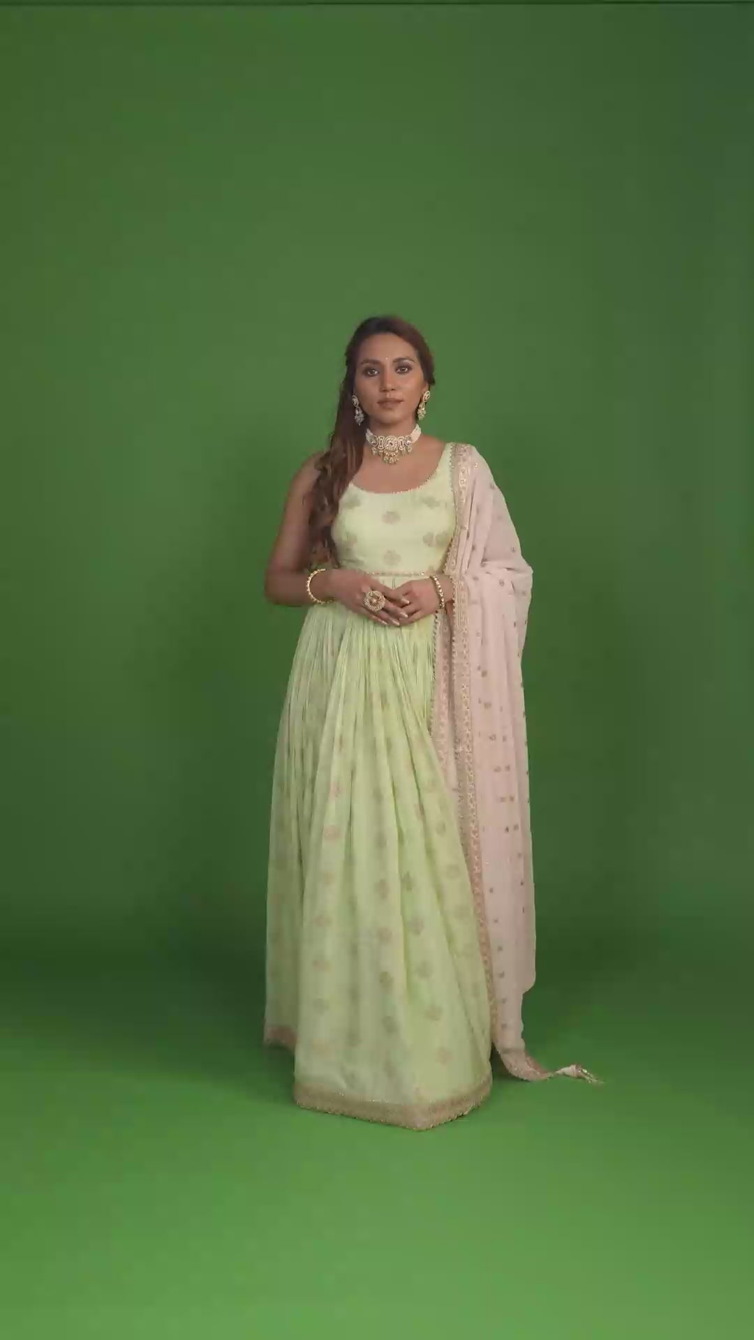 Pista Green Anarkali With Pink Dupatta