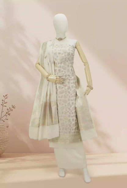 Cream & Lylac Chanderi Suit Set With Antique Gold Highlights