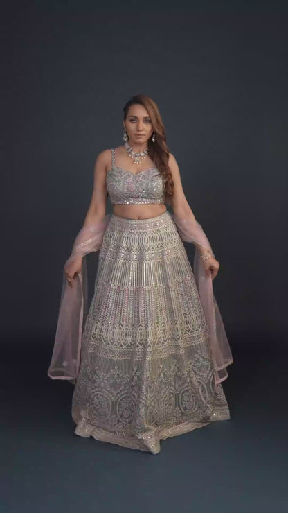 Mist Dusty Blue Threadwork Net Lehenga Set