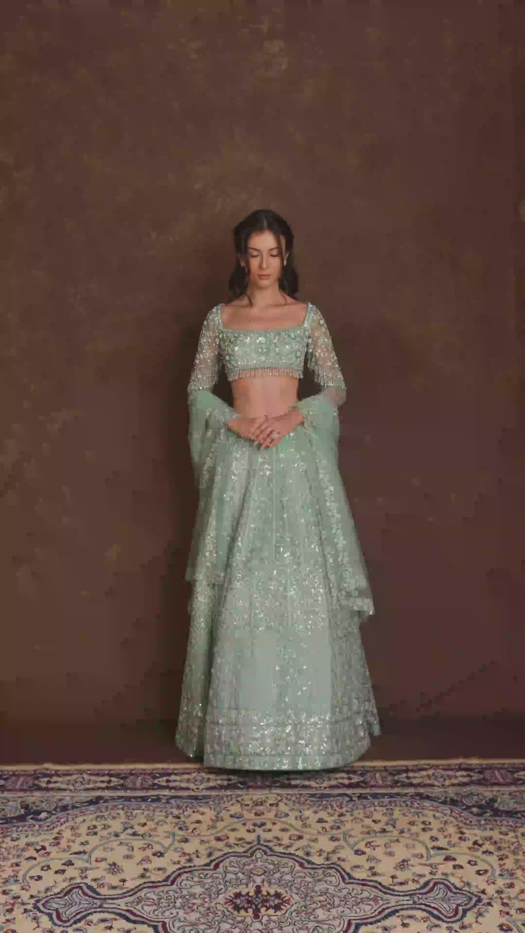 Glimmer Mint Blue Square Neck Sequined Embroidered Set