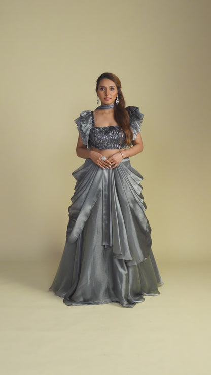 Frosted Silver Glass Organza Lehenga with Sequined Blouse Set