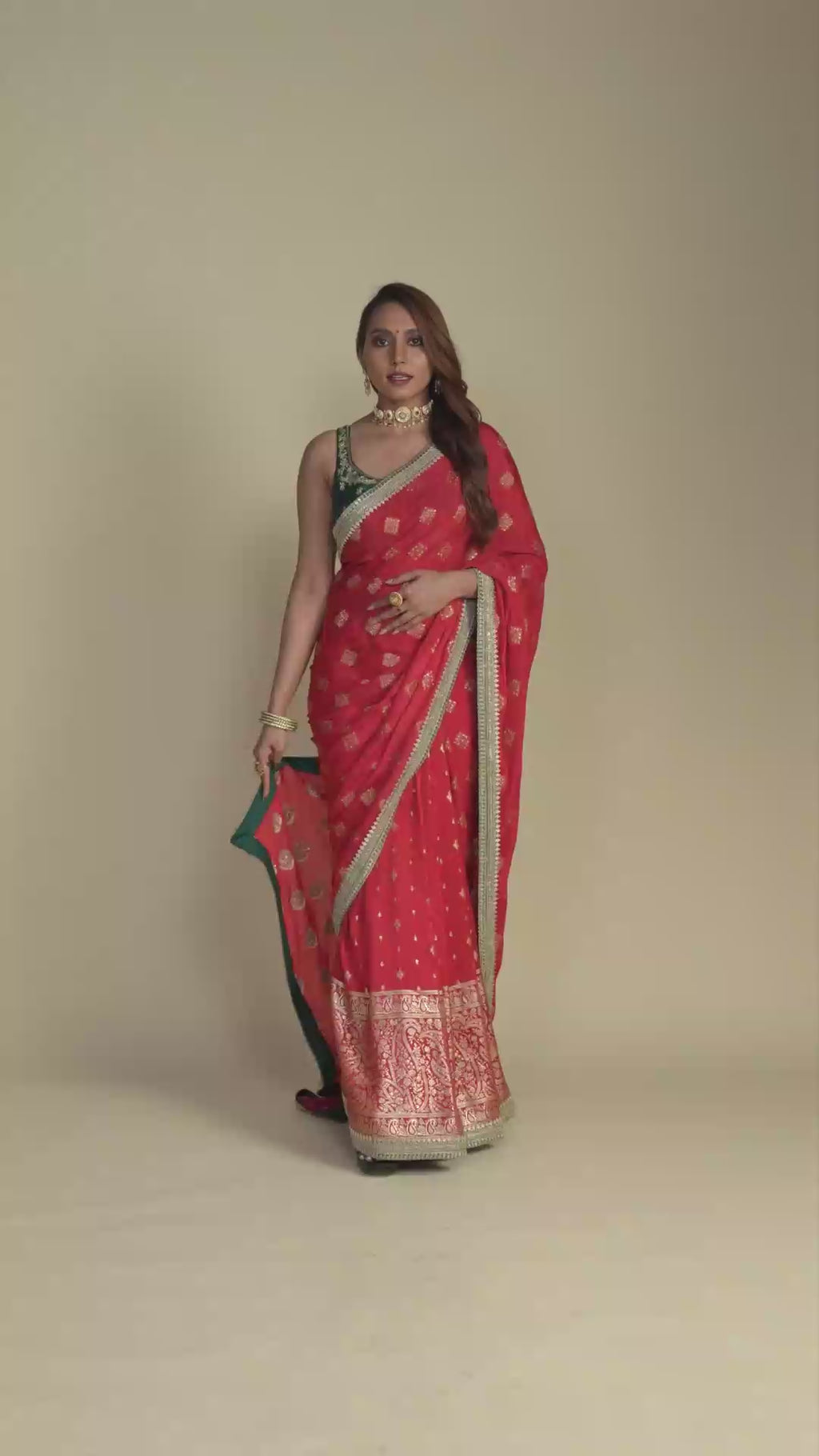 Reet Red Chinnon Buti Work Silk Saree with Emerald Green Blouse