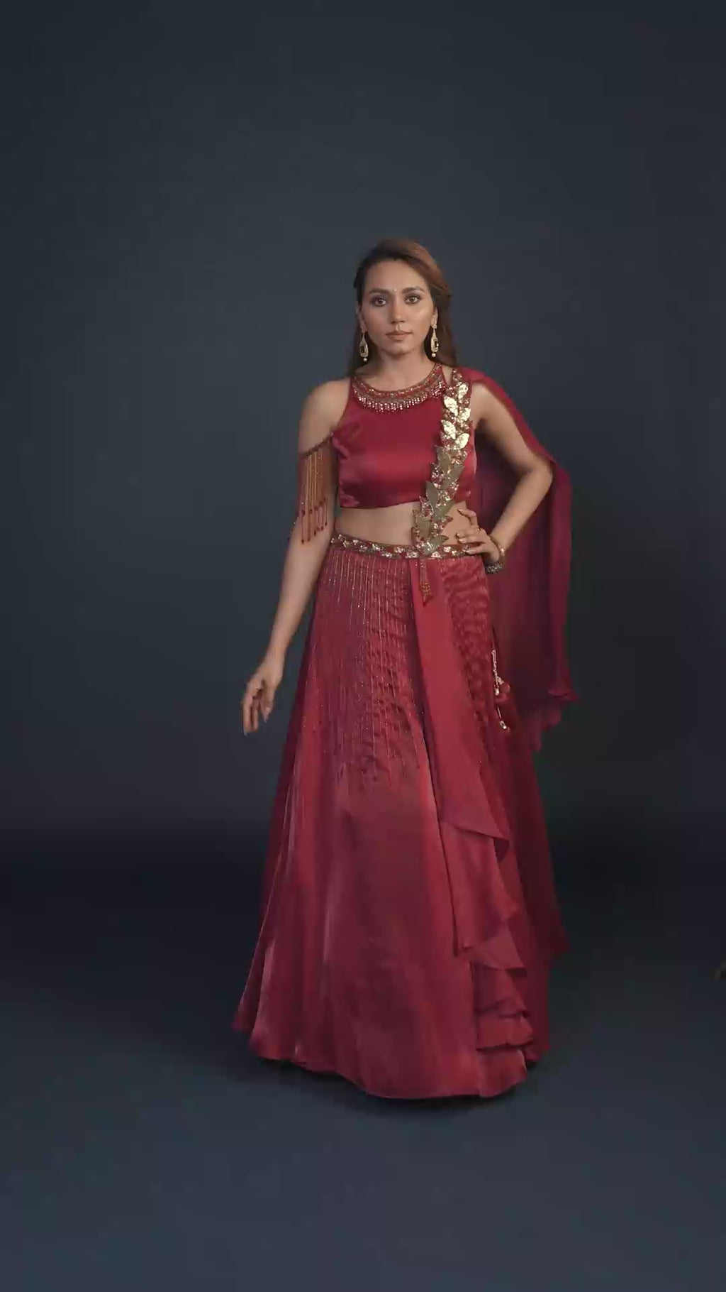 Cider Rust Red Embroidered Lehenga Set with Attached Dupatta
