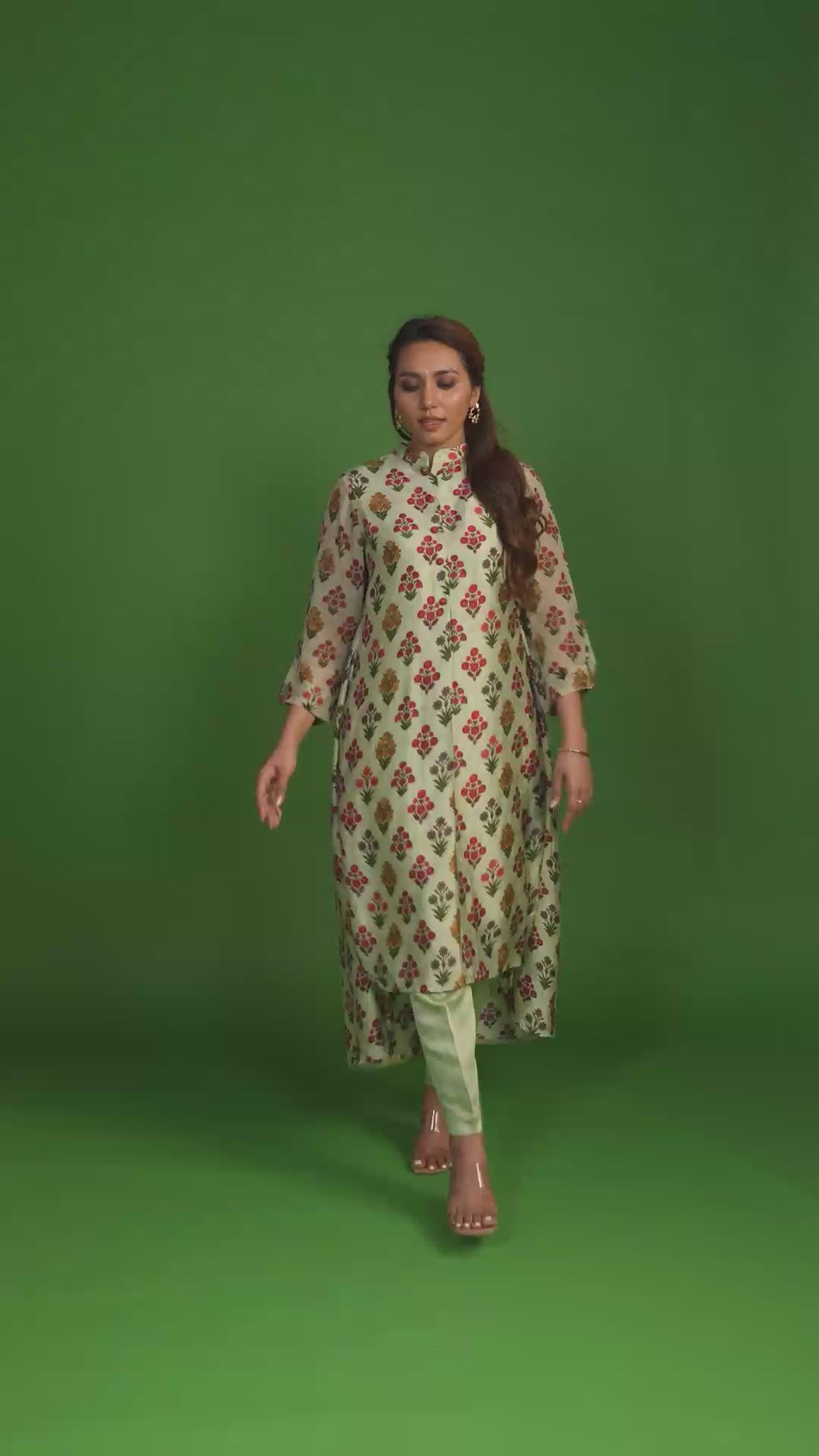 Pista Green Printed Stand Collar Kurta Set