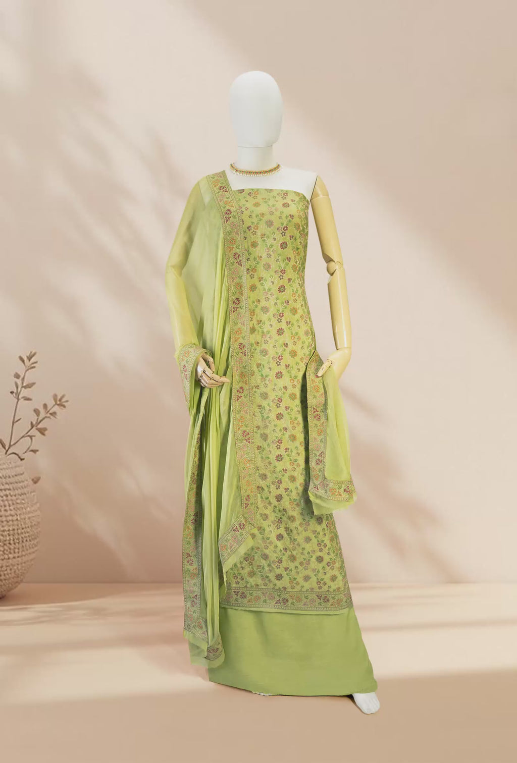 Green Chanderi Printed 3-Piece Suit for Women with Cotton Pant & Chiffon Dupatta