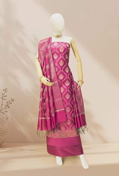 Rani Pink Banarasi Silk 3-Piece Suit Set – Kurta, Pant & Dupatta