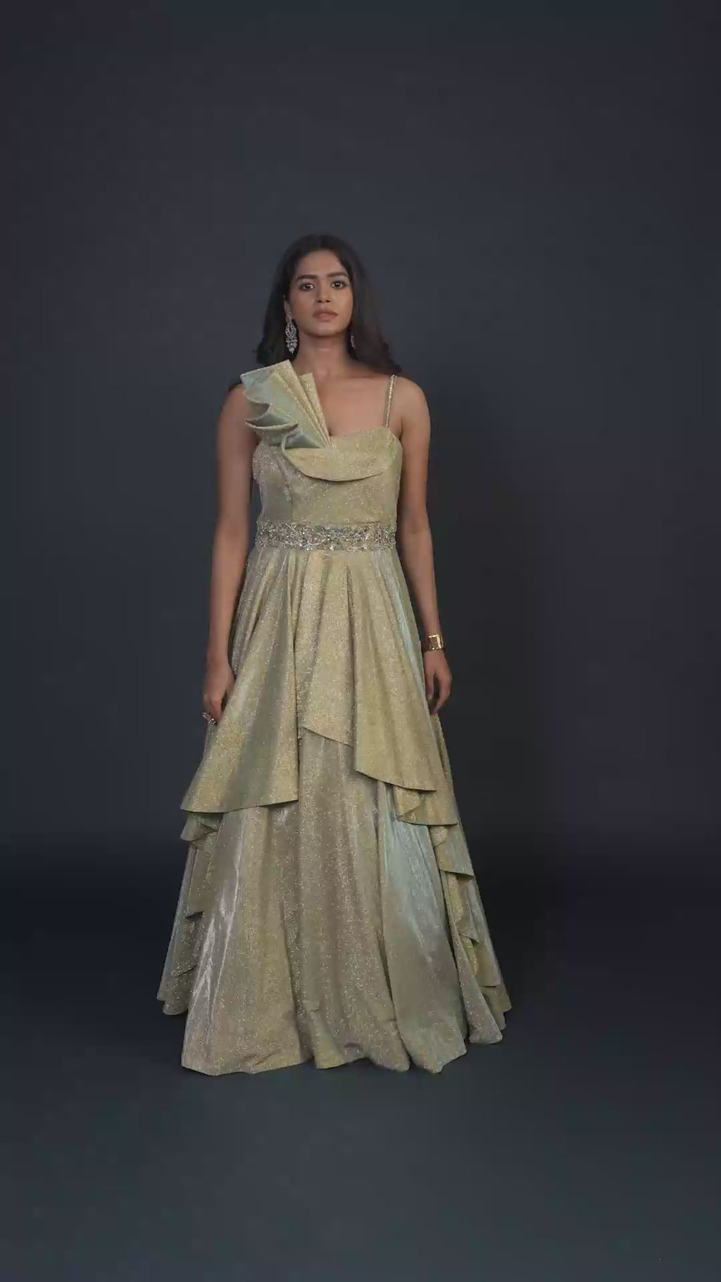 Luna Golden Green Multilayered Stone Work Gown