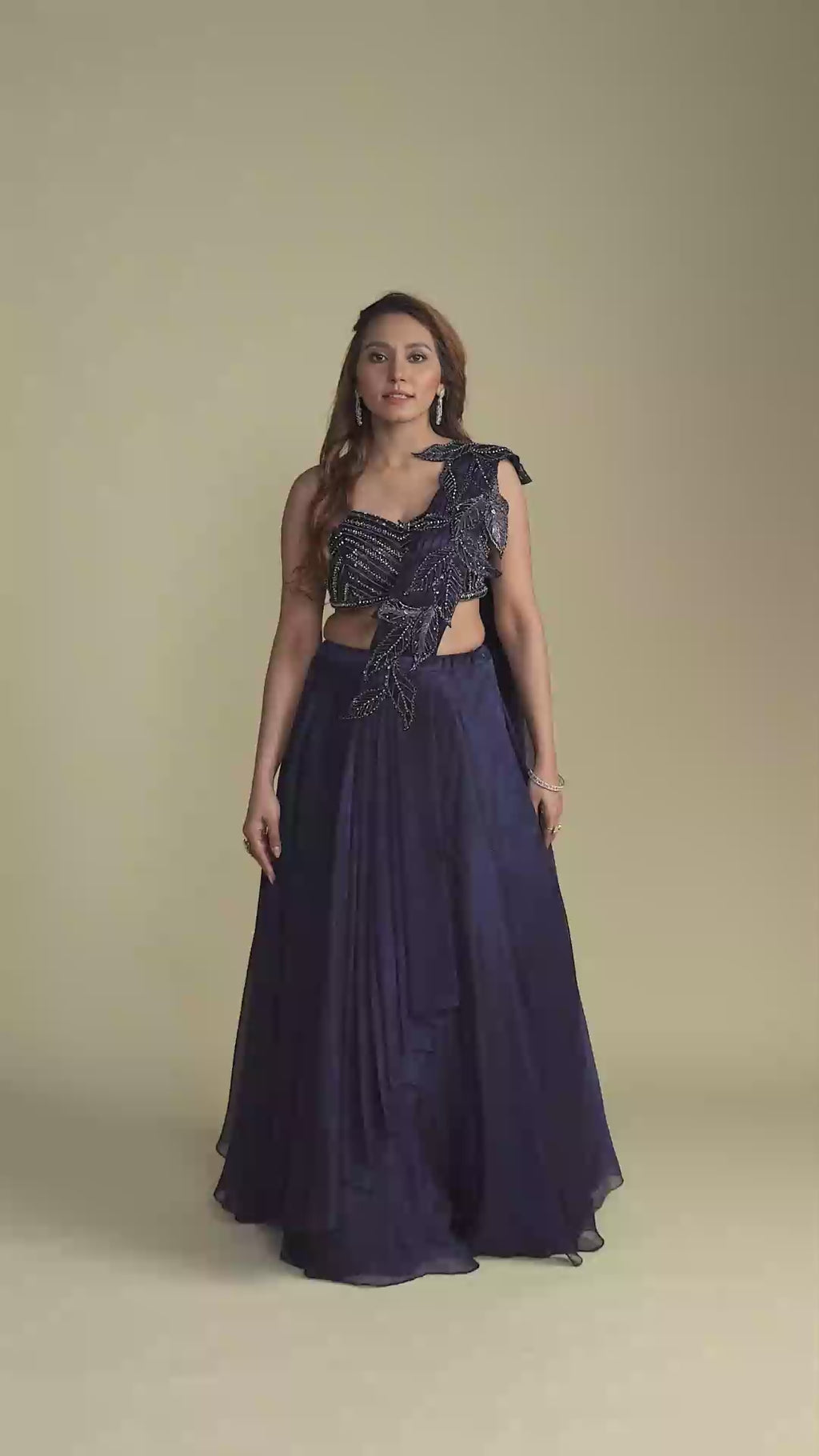 Azura Navy Blue Lehenga with Attached Aplique Dupatta Set