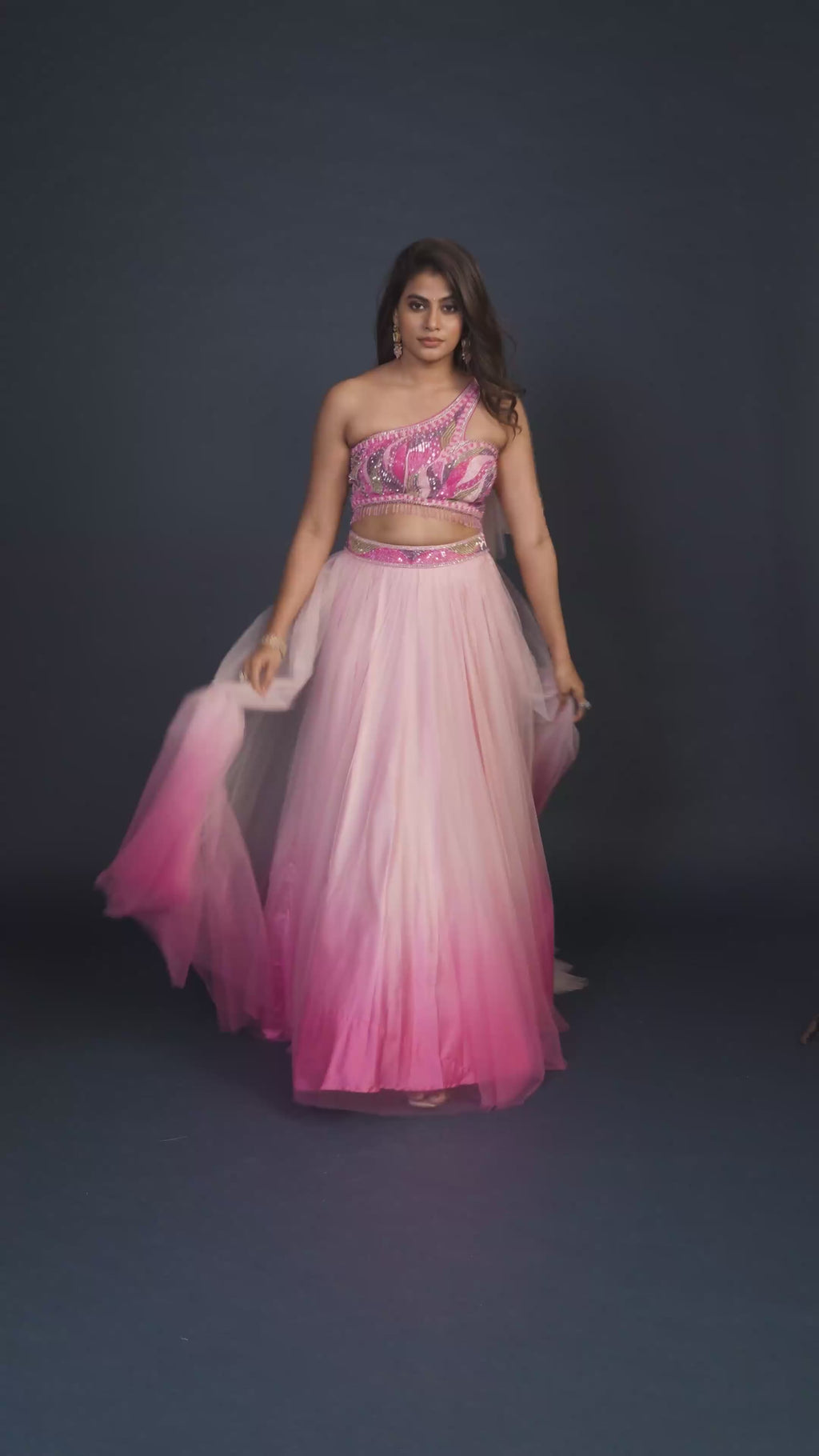 Dewrose Ombre Pink Net Lehenga with Asymmetric Blouse