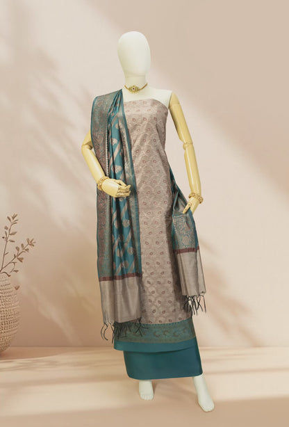 Peacock Green & Khaki Banarasi Silk 3-Piece Suit – Kurta, Pure Silk Pant & Dupatta