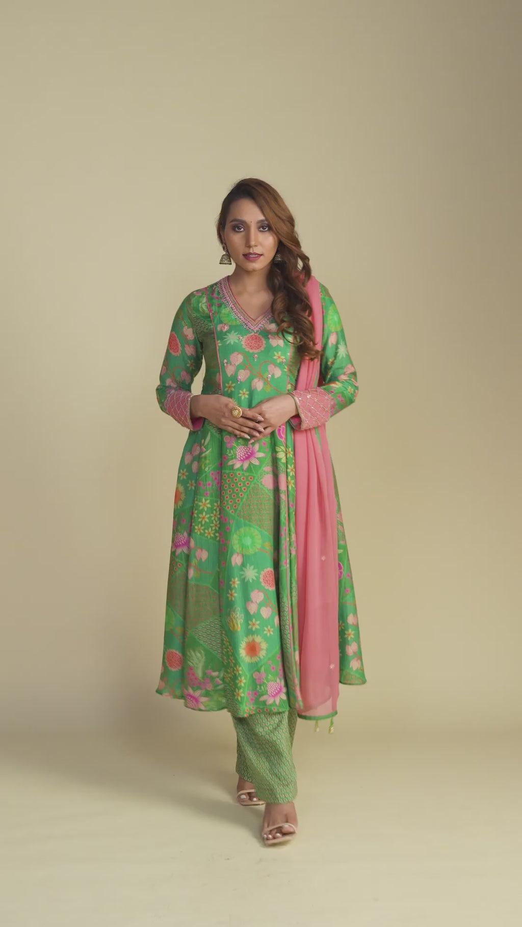 Green Floral Print Anarkali With Pink Dupatta