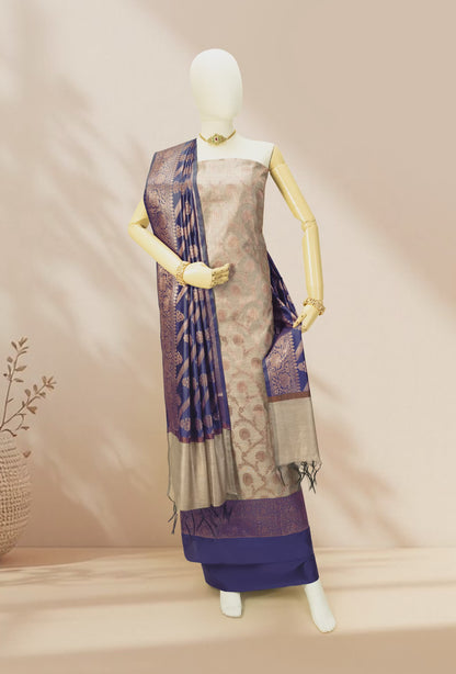 Navy Blue & Khaki Banarasi Silk Suit Set – Kurta, Pure Silk Pant & Dupatta