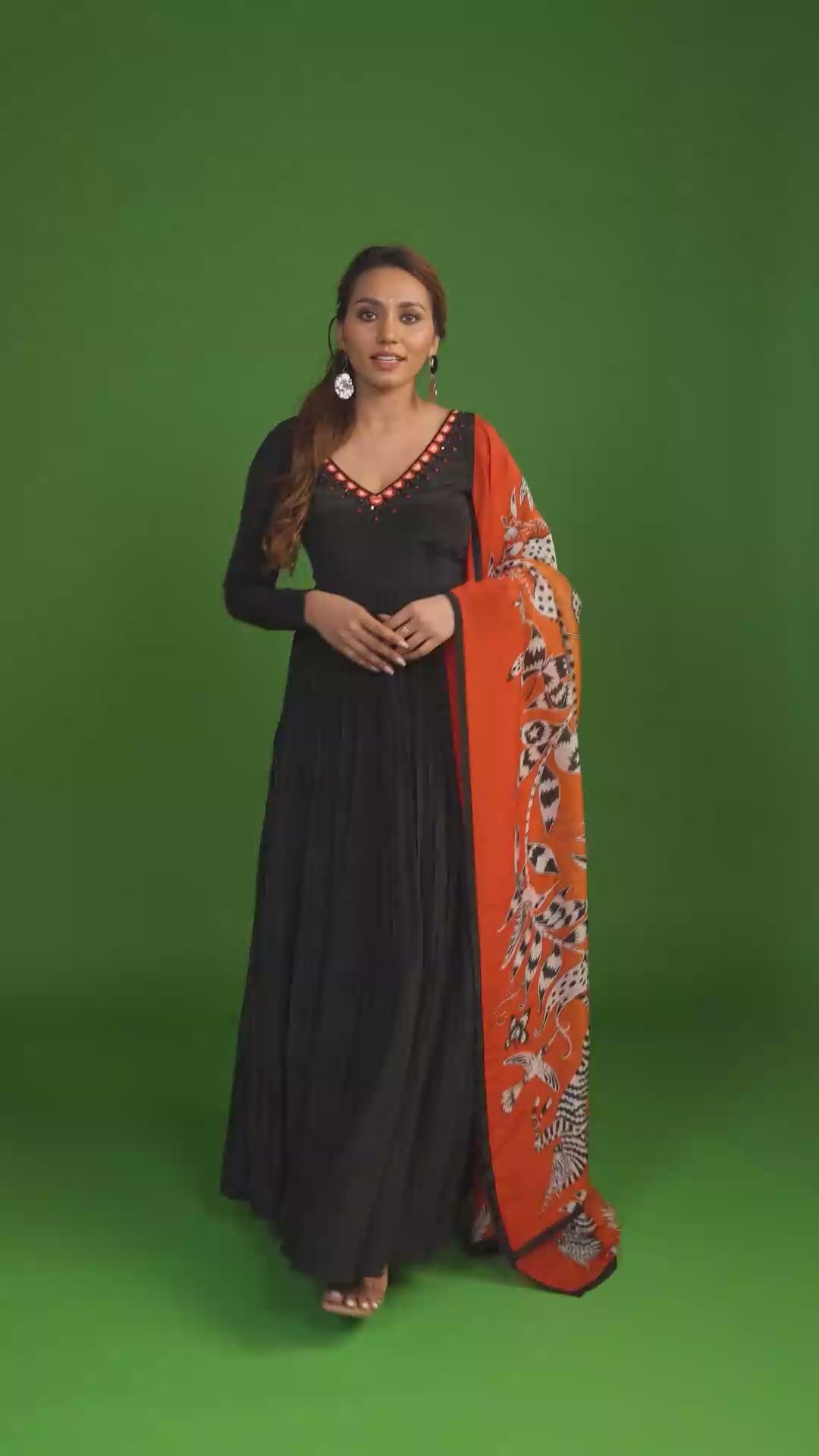 Black Anarkali with Orange Printed Dupatta