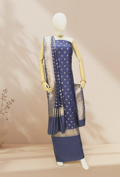 Navy Blue Banarasi Silk 3-Piece Suit – Kurta, Pure Silk Pant & Dupatta