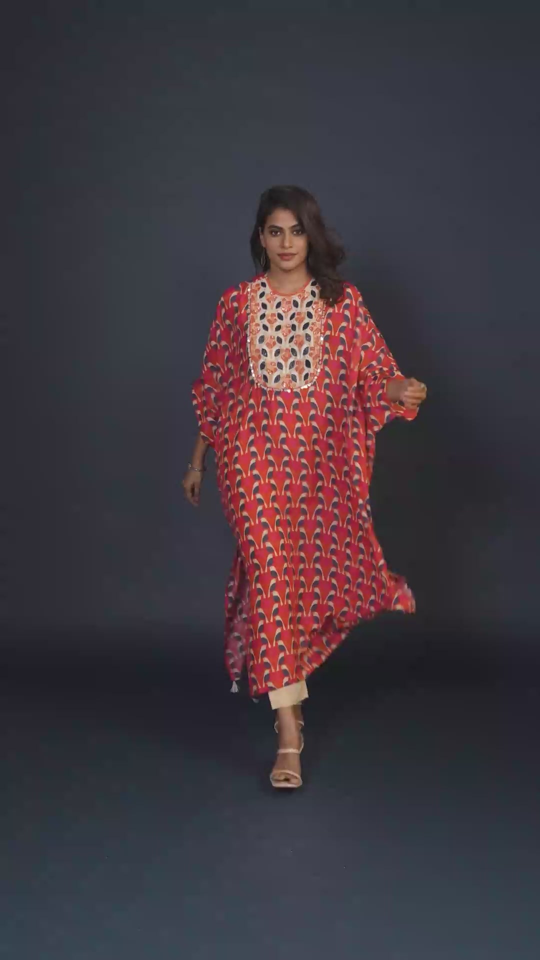 Rose Red Digital Print Kaftaan & Pant Set