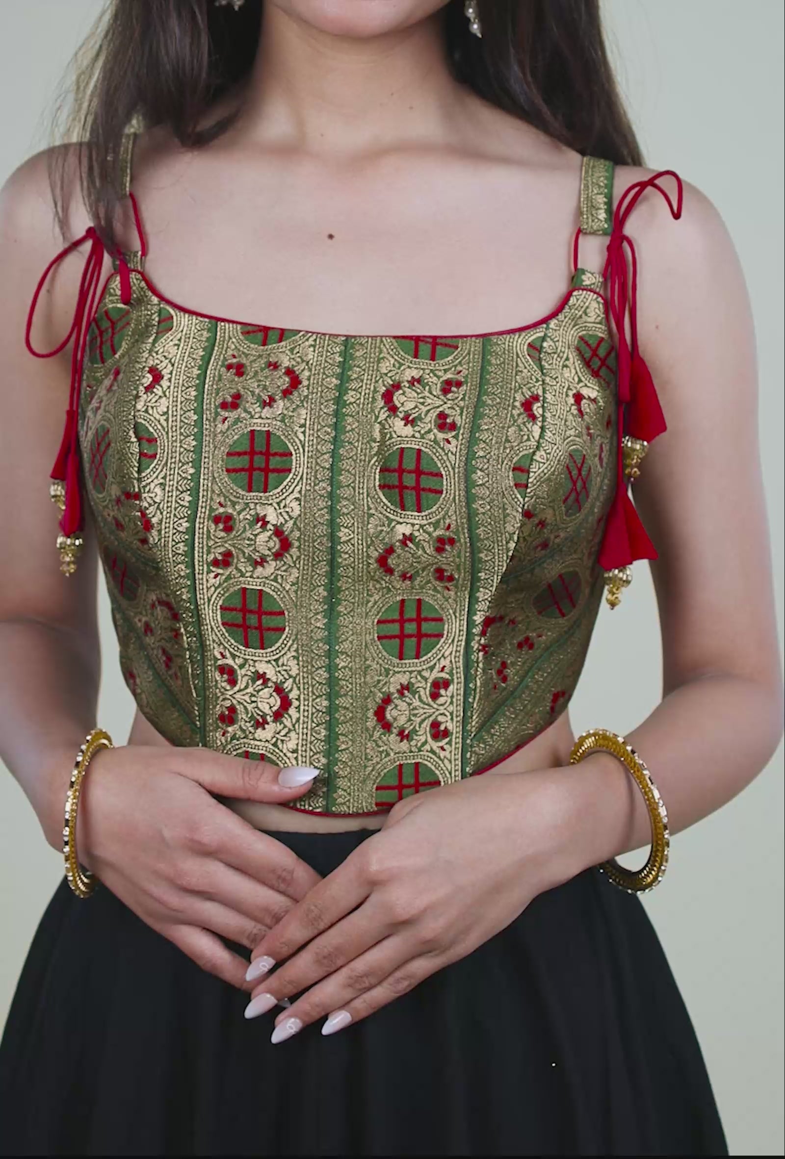 Green and Red Floral Geometric with Zari Motif Blouse