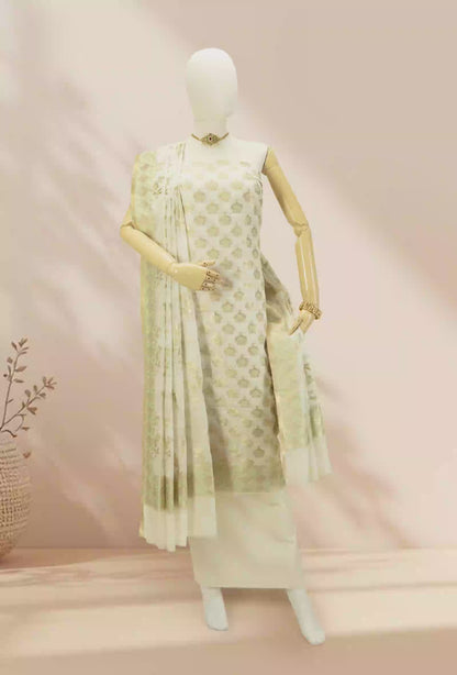 Cream & Green Chanderi Suit Set With Antique Gold Accents
